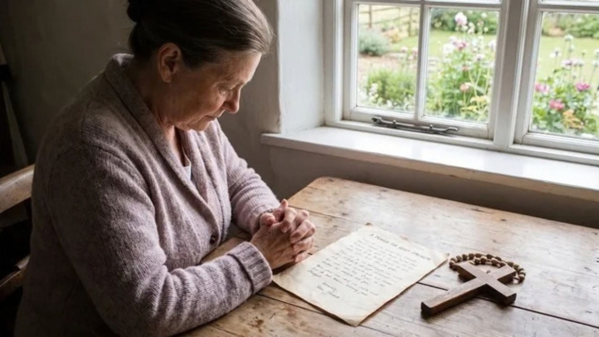 Woman praying beside a handwritten I Said a Prayer for You Today poem and a wooden cross