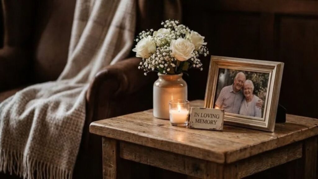 Memorial flowers and a warm candle beside a quiet wooden table