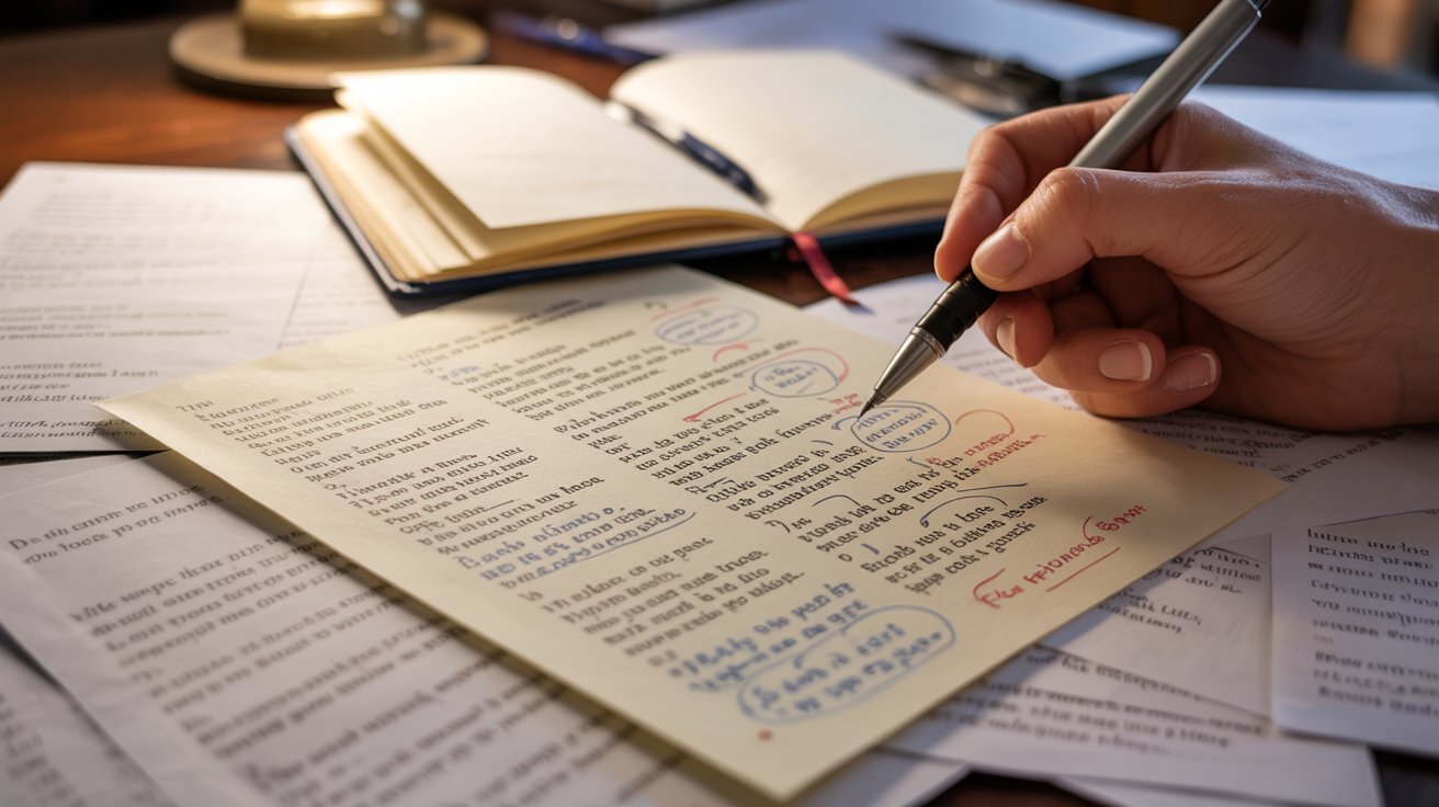 A person writing on paper with a pen while seated at a desk, focused on their task.