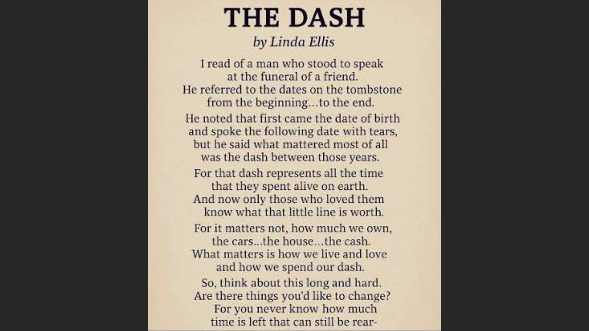 The poem "The Dash" by an unnamed author, exploring the significance of life’s journey between birth and death.
