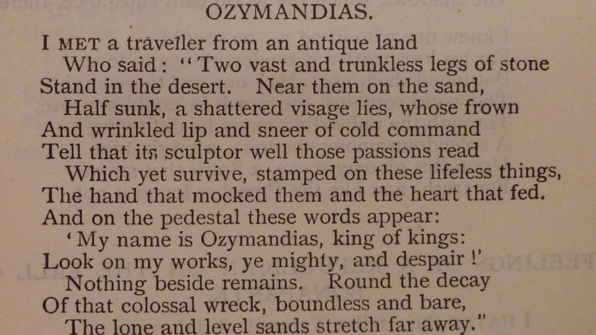 A poem excerpt from Ozymandias, featuring themes of power and the passage of time.