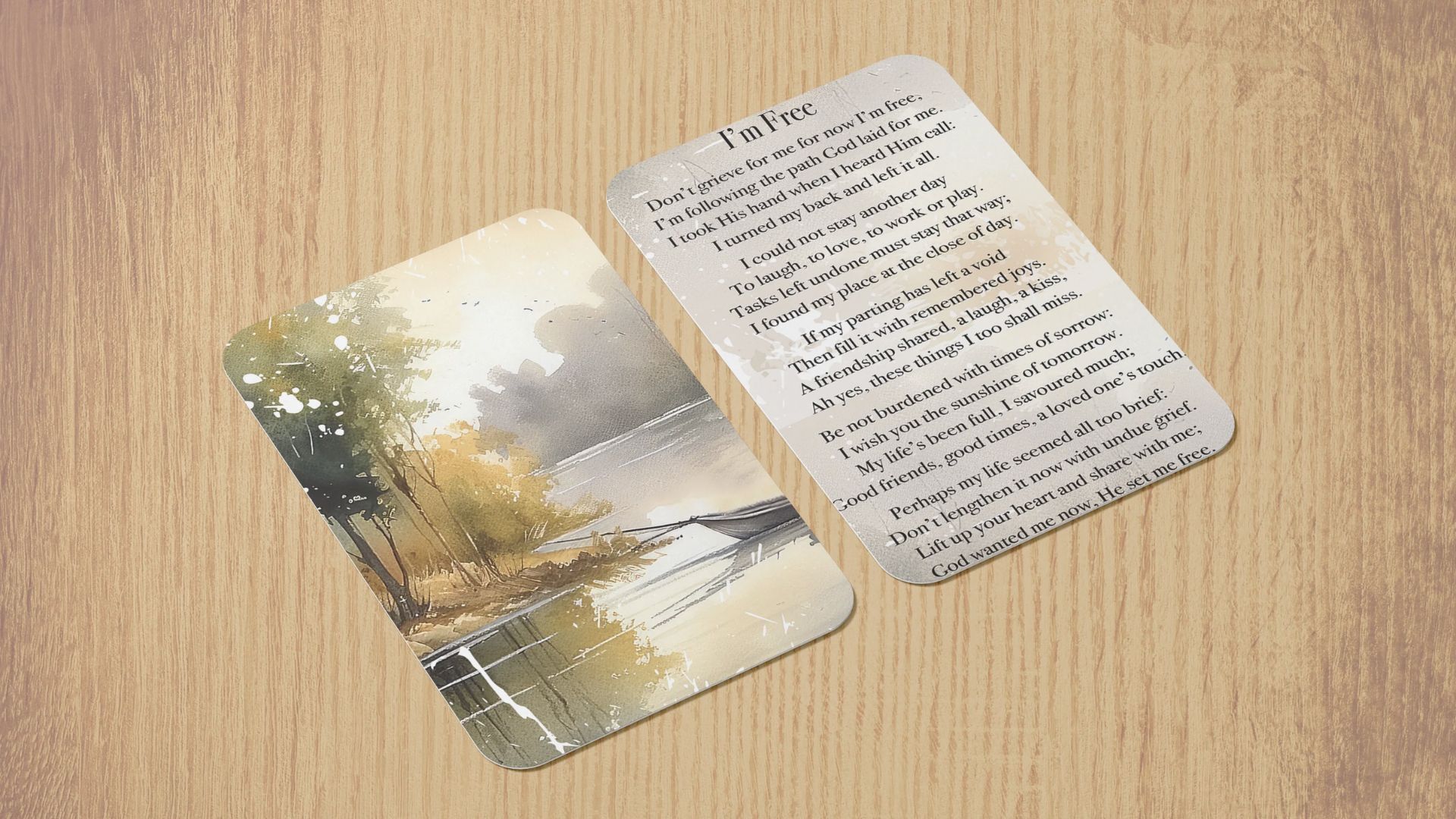 A card featuring a poem alongside an illustration of a serene river flowing through a lush landscape.