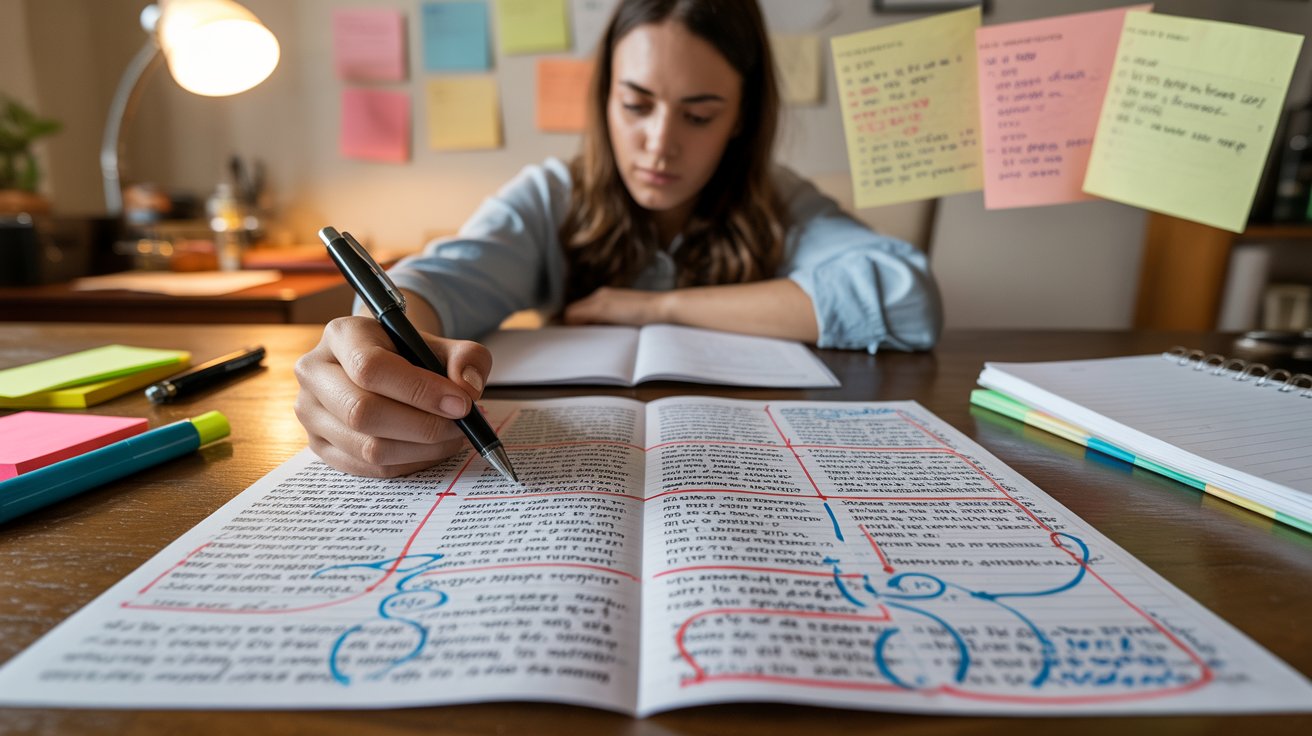 A woman writes in a book with a pen, focused on her task in a well-lit environment.