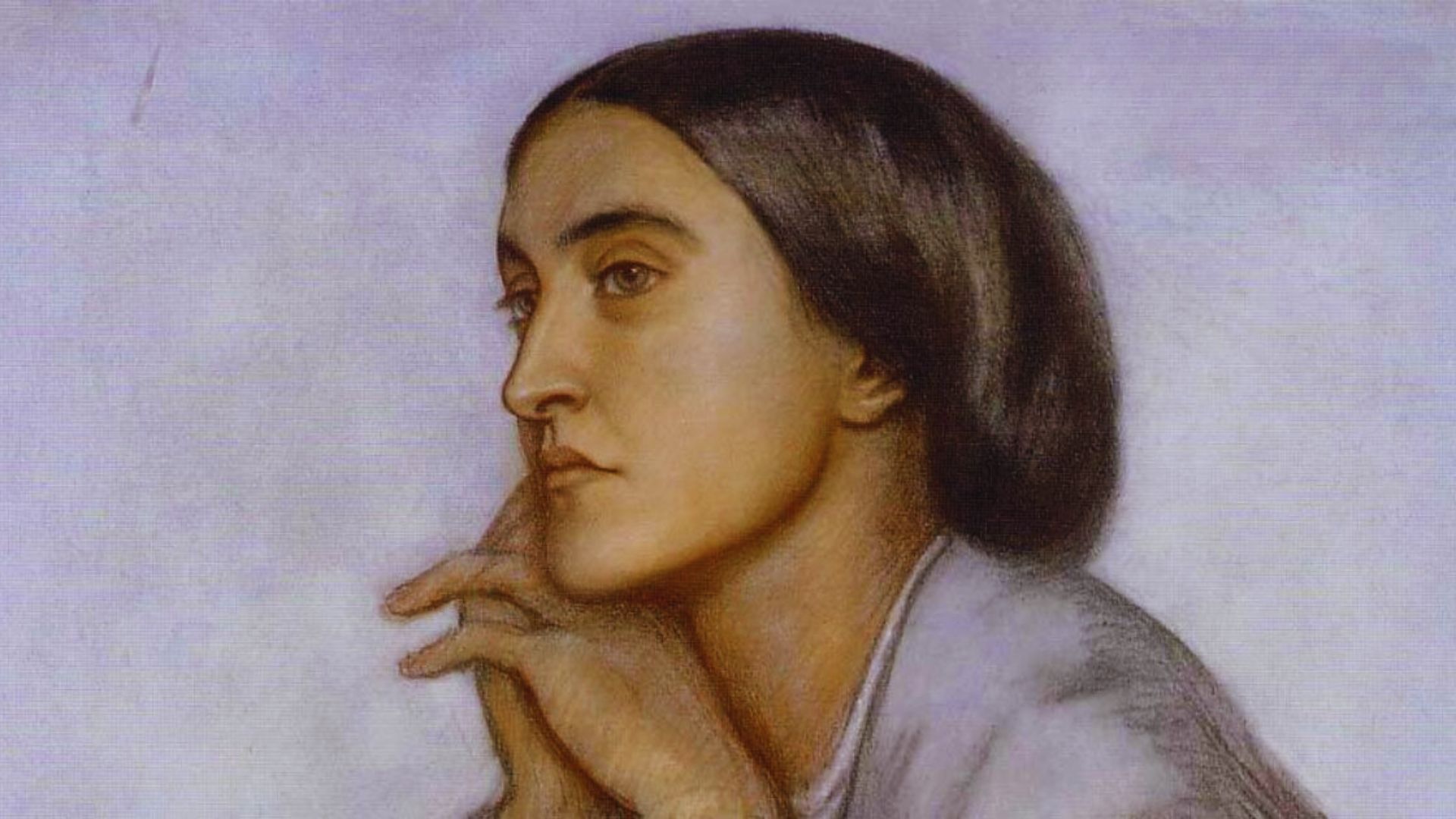 A painting of a contemplative woman resting her chin on her hand, gazing thoughtfully into the distance.