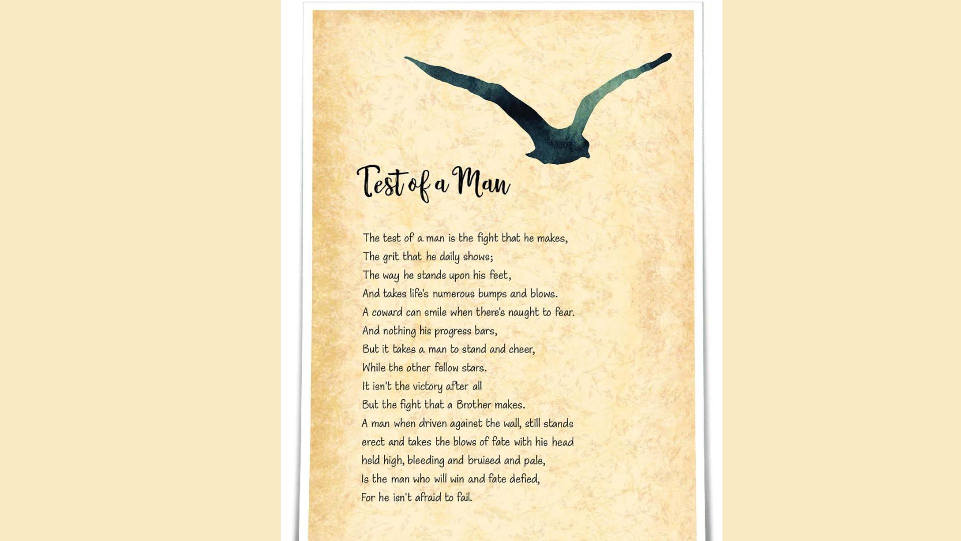 Alt text: "A poem titled 'Test of a Man' on a textured parchment background. Above the text, a silhouette of a soaring bird conveys themes of resilience and determination."