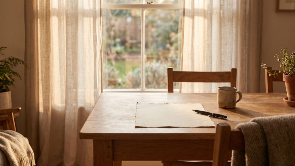 Old paper and pen resting on a wooden table in a bright room