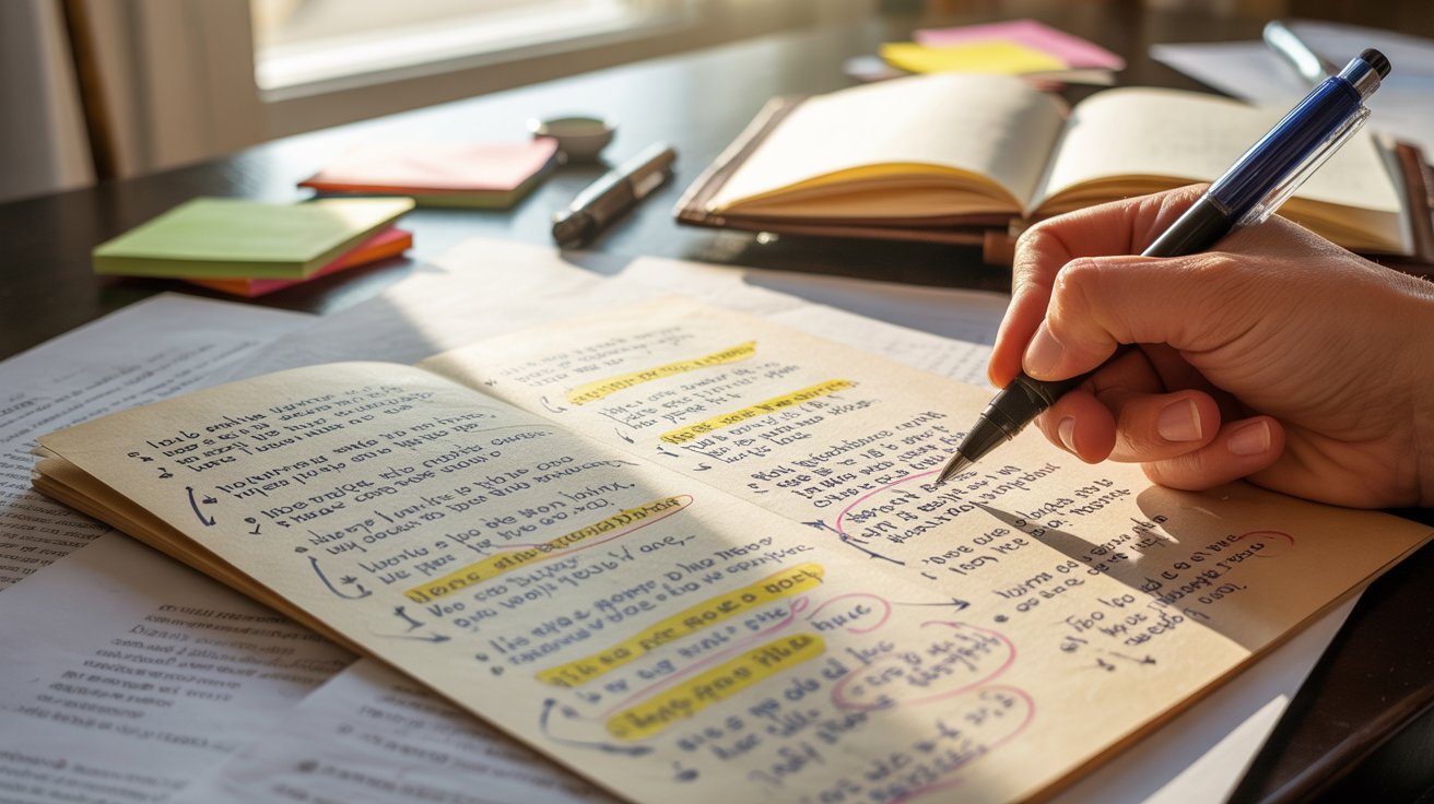 A person writing in a notebook with a pen, seated at a desk, focused on their task.