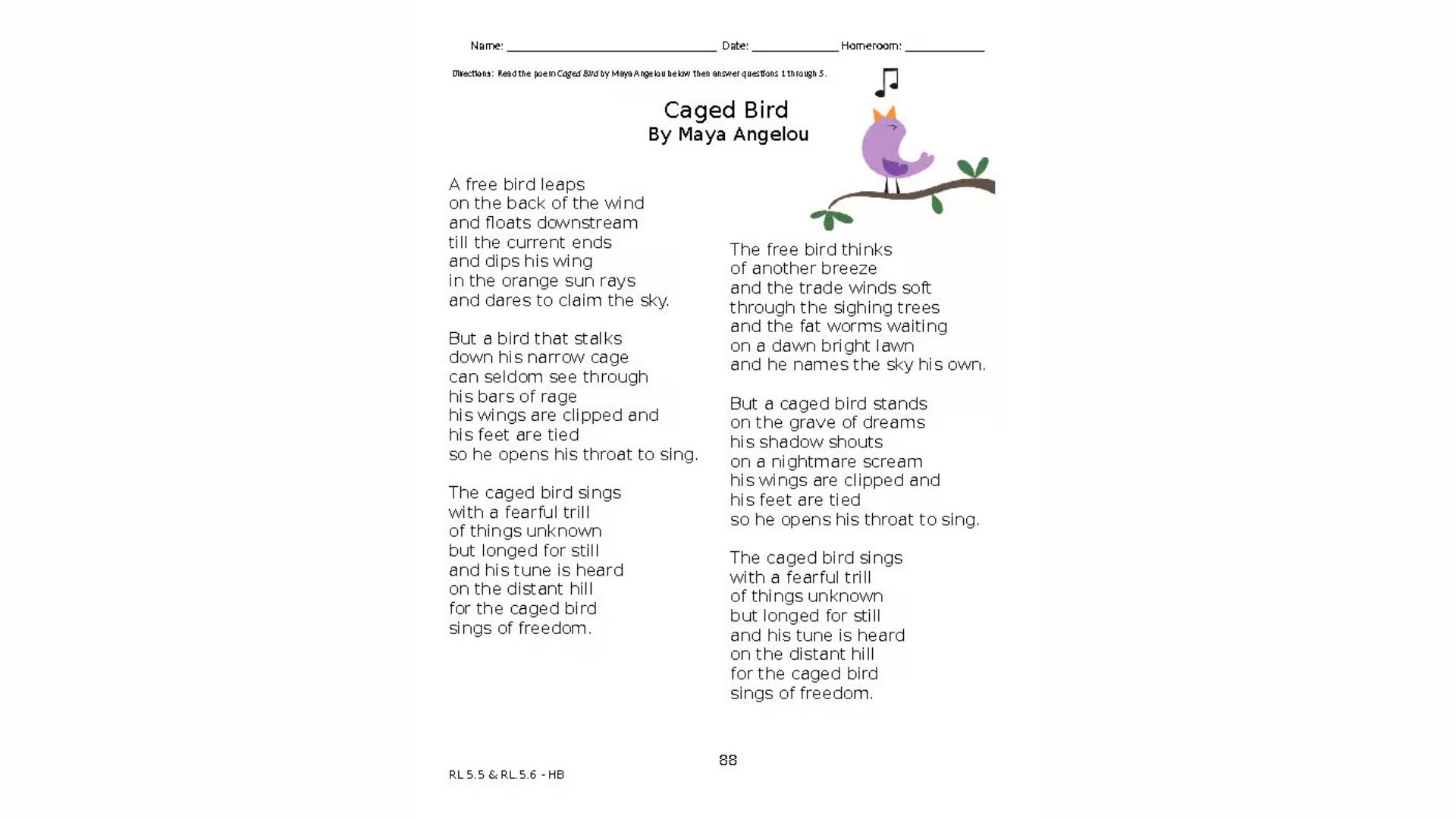 A book open to a poem about birds, featuring an illustration of a bird perched on a branch.