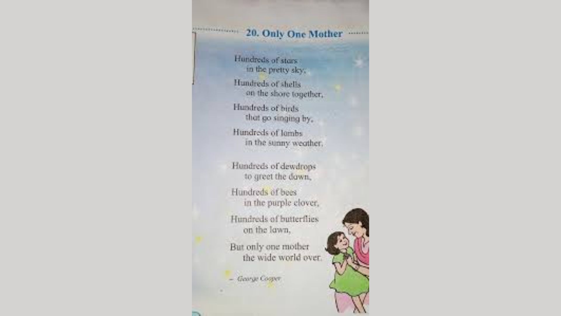 A poem titled "Only One Mother" by George Cooper appears on a light blue background, featuring a mother and child illustration at the bottom right.