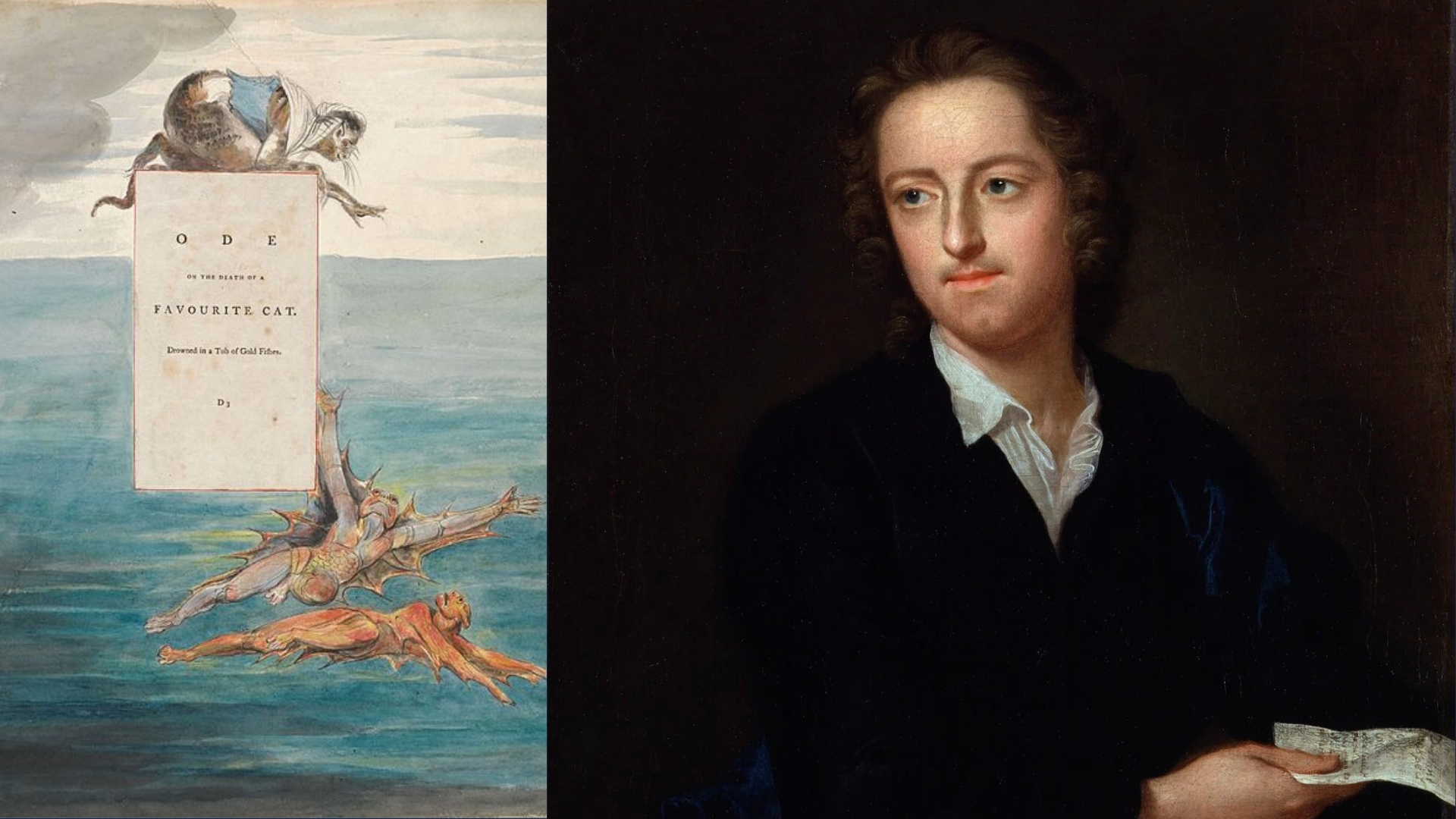 Painting of a man holding a book and a painting of a man with a bird on his head.