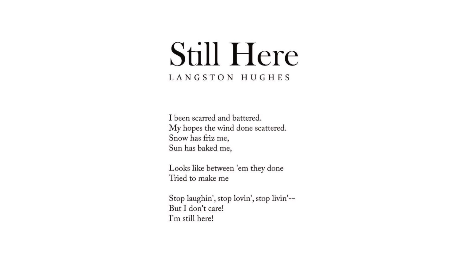 Cover of "Still Here" by Langston Hughes, featuring bold typography and a vibrant background, reflecting resilience and hope.
