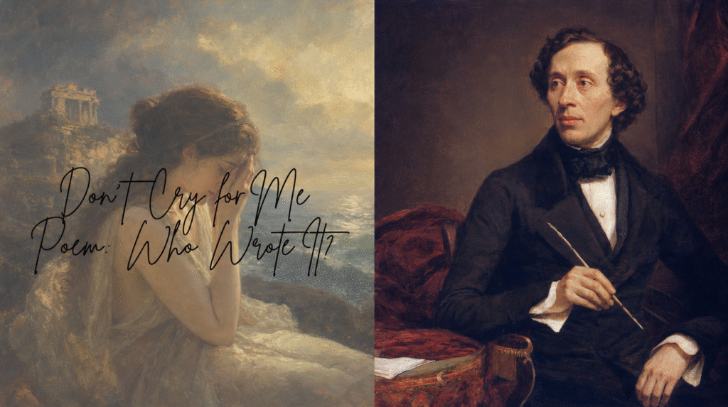 left painting of grieving woman in white dress by sea with text overlay, right portrait of man in black suit holding quill.
