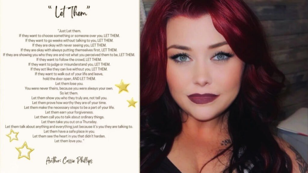 "Let Them" poem by Cassie Phillips on a cream background with gold stars beside a photo of Cassie Phillips.