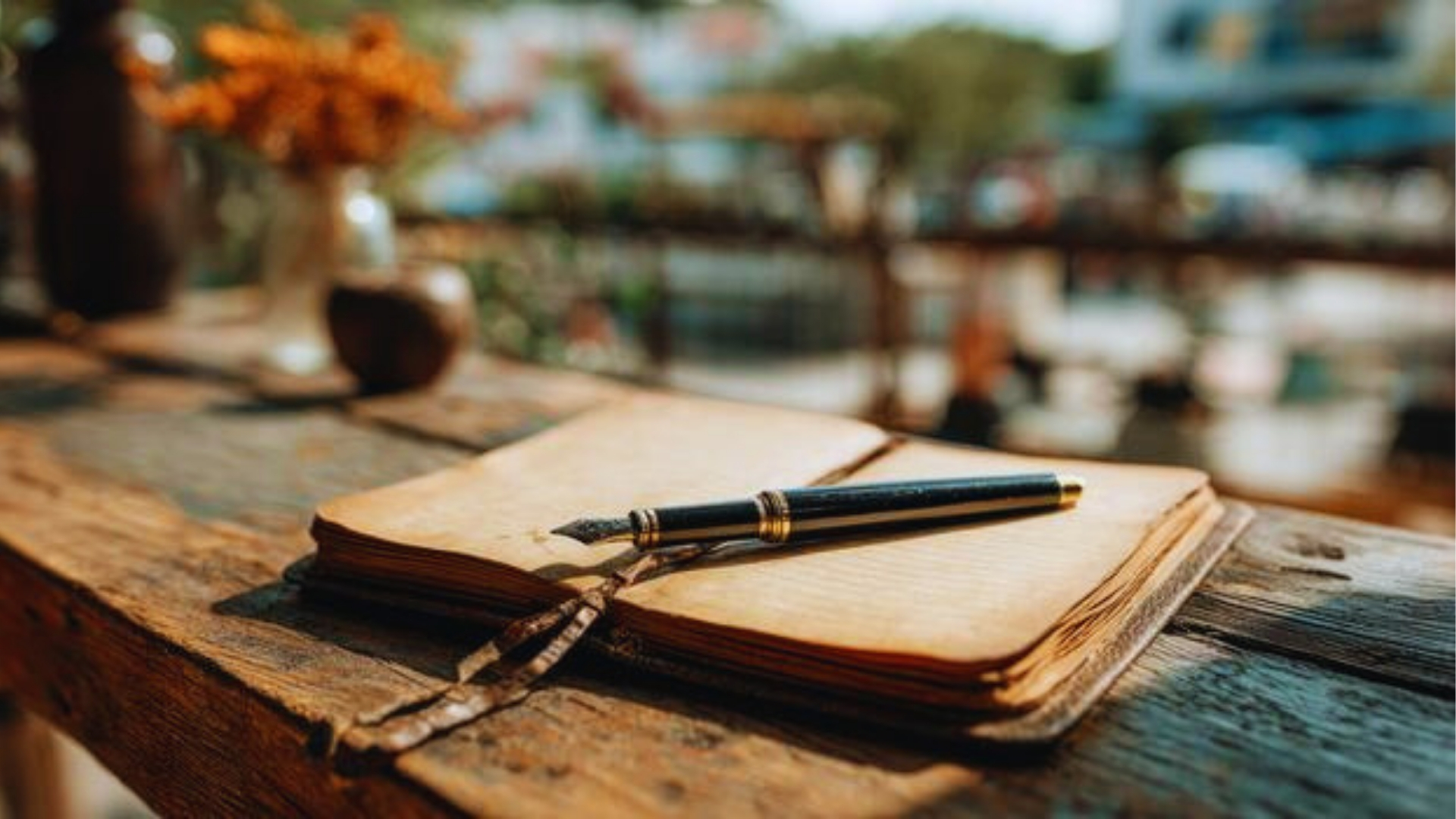 Black fountain pen resting on open leather-bound notebook with aged pages on rustic wood table in sunlight.