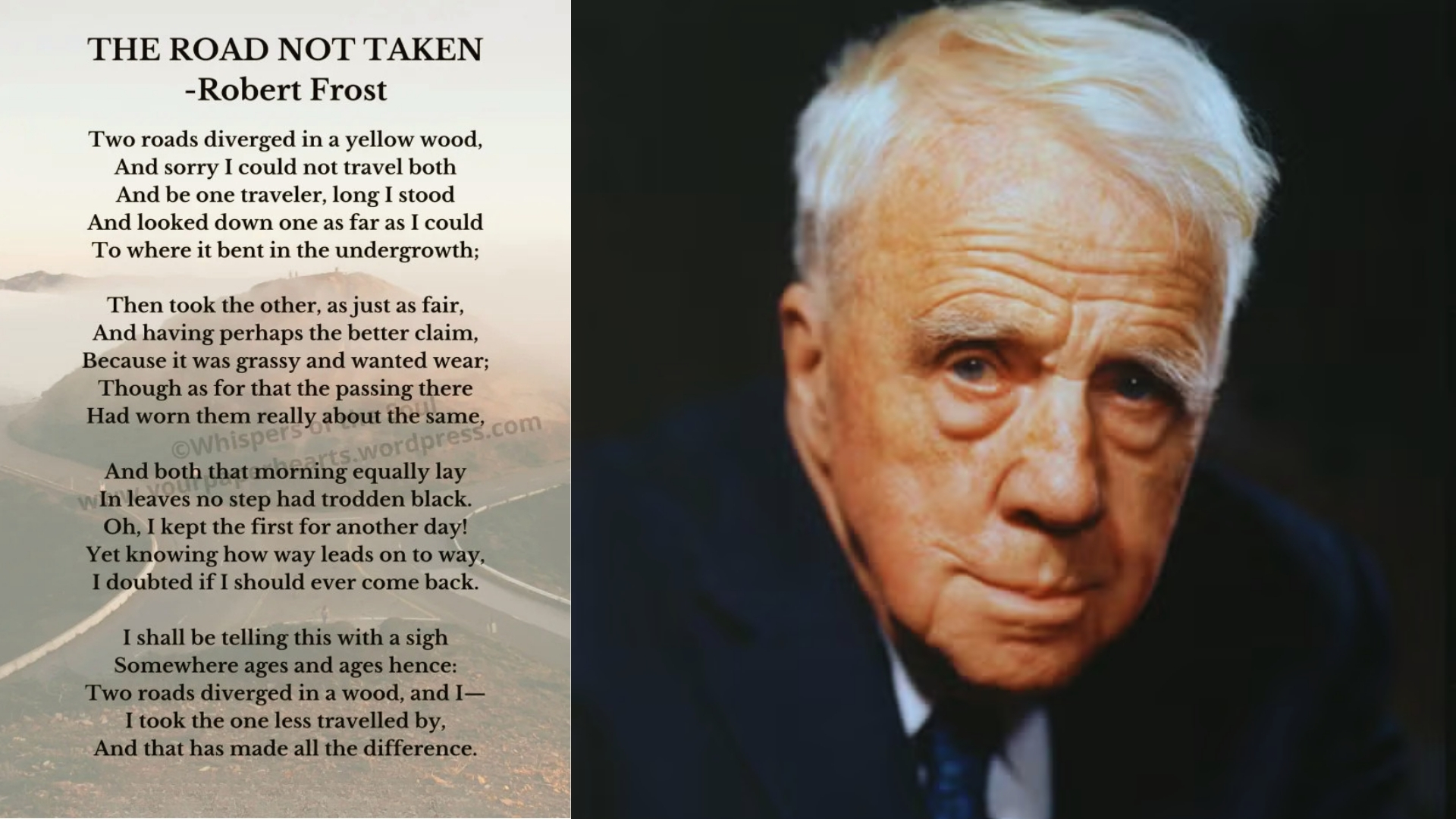 "The Road Not Taken" by Robert Frost with poem text on left and portrait of elderly Frost on right.