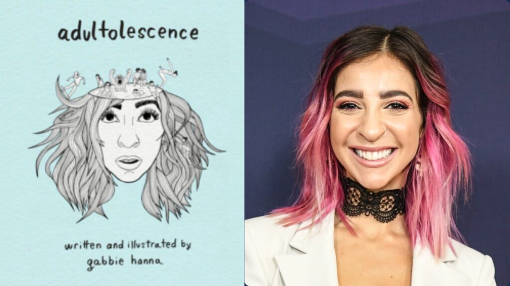 Gabbie Hanna on one side and her poetry book Adultolescence on the other.