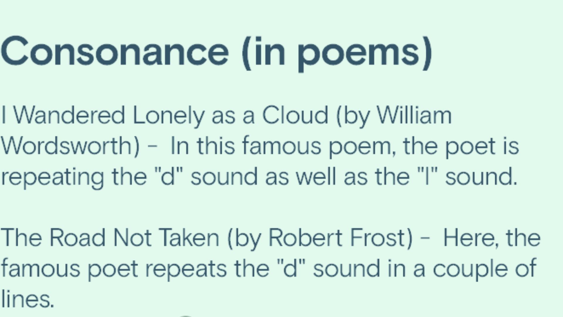 Slide explaining consonance with examples of repeated d and l sounds from Wordsworth and Frost.