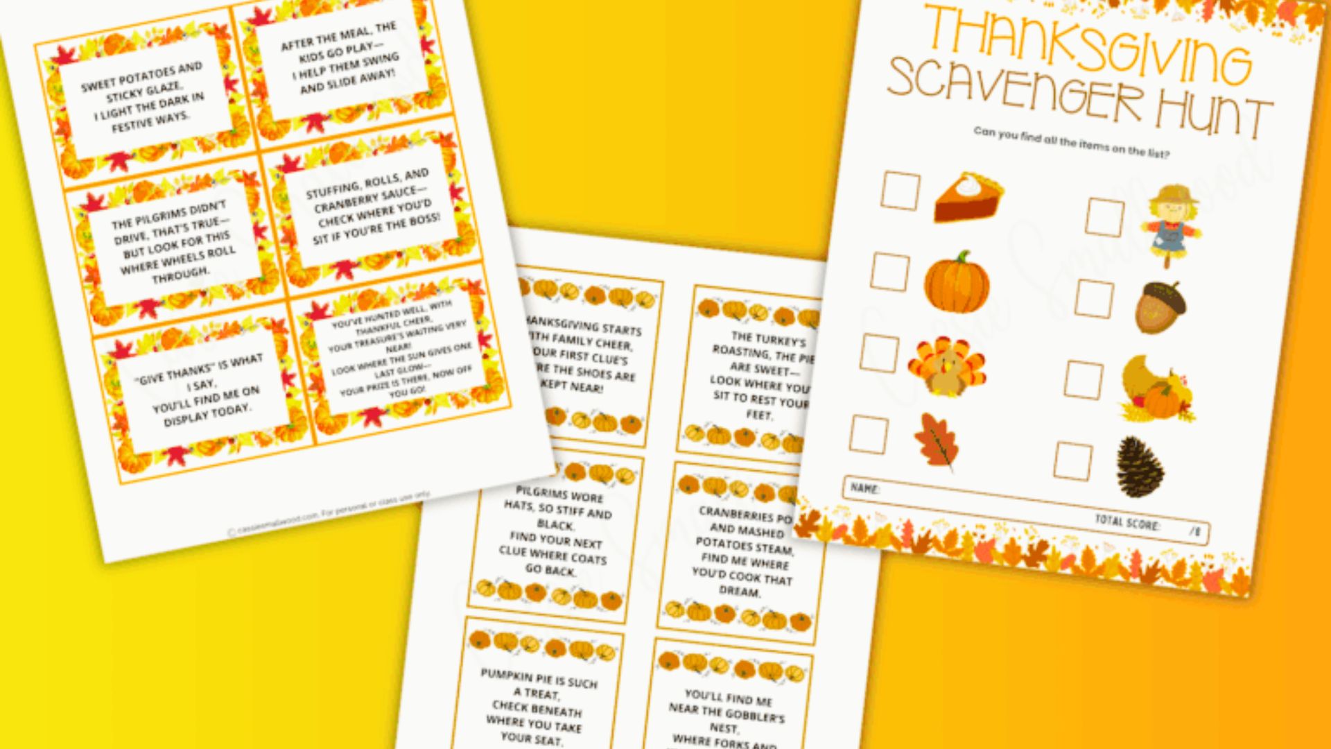 Colorful Thanksgiving acrostic poem worksheets for FAMILY, and THANKFUL decorated with cartoon pilgrims and autumn leaves.