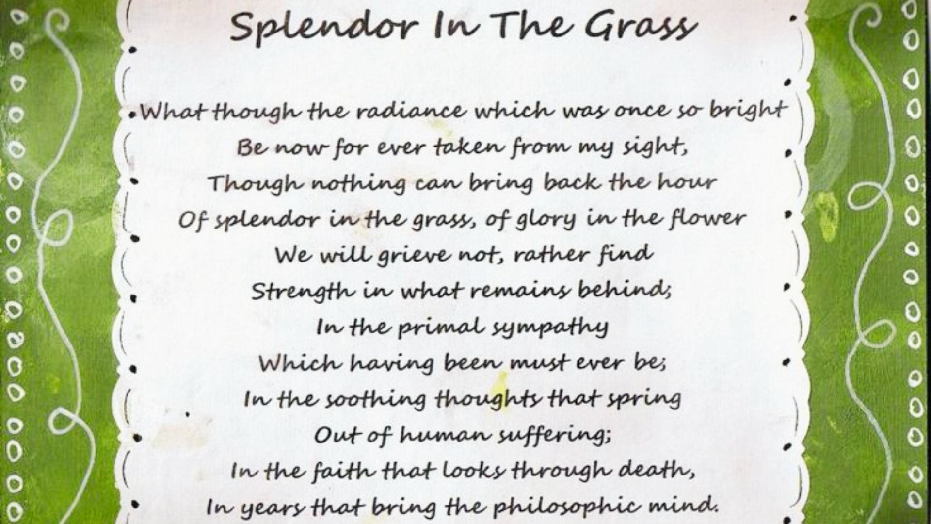 Handwritten excerpt of "Splendor in the Grass" on textured paper with scalloped edges and green decorative borders.