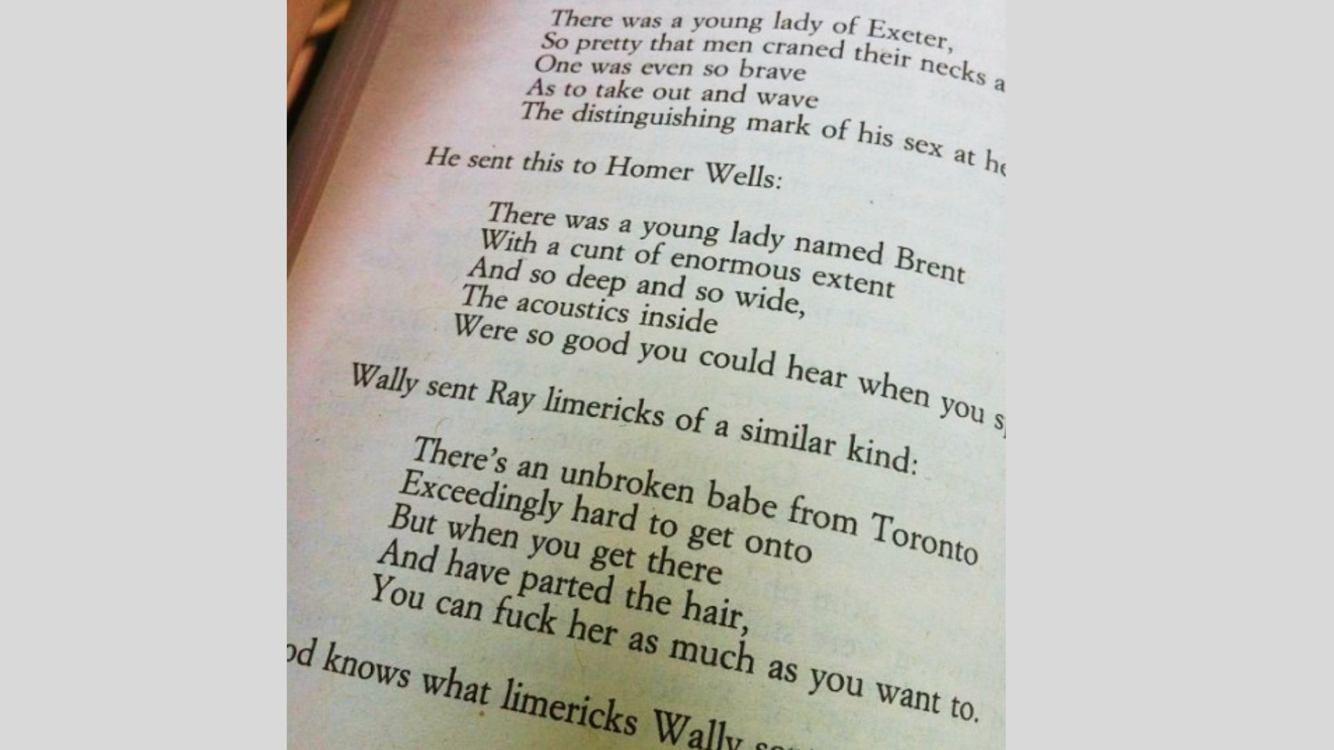 Close-up photo of a printed book page showing multiple bawdy limericks with explicit language.