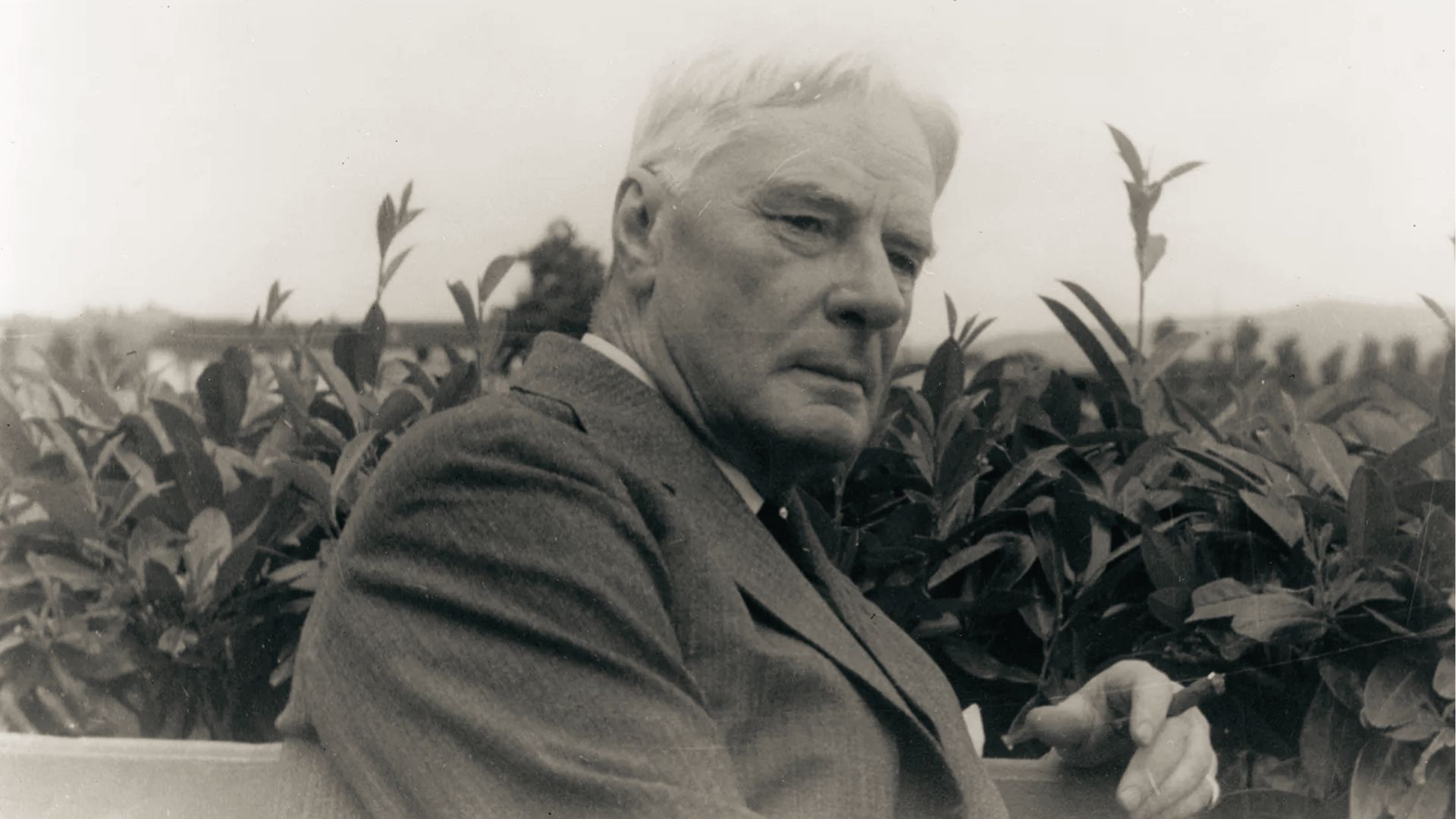 Black and white photo of elderly man in suit with white hair, seated outdoors holding a cigar, shrubs behind him.