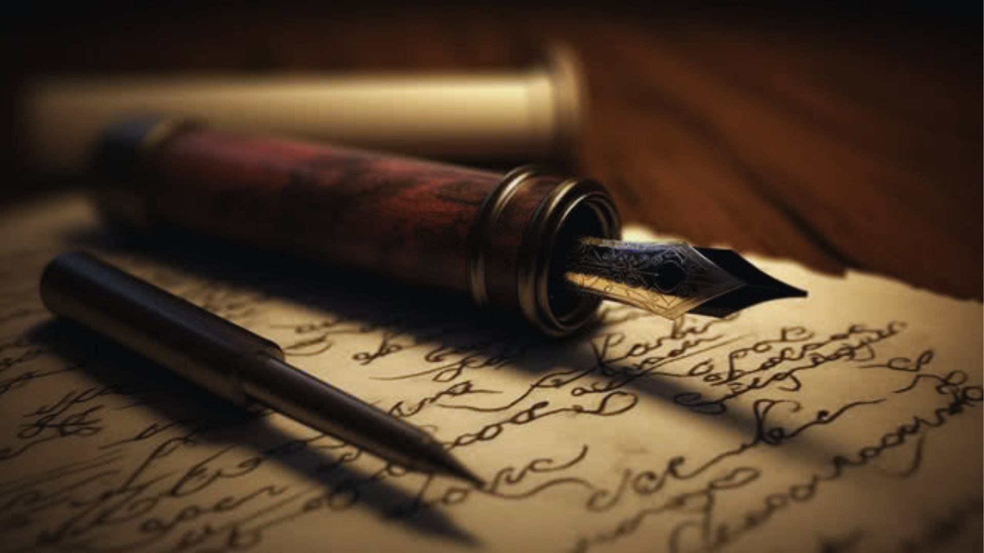 Close-up of vintage fountain pen with engraved nib resting on handwritten script and aged parchment paper.