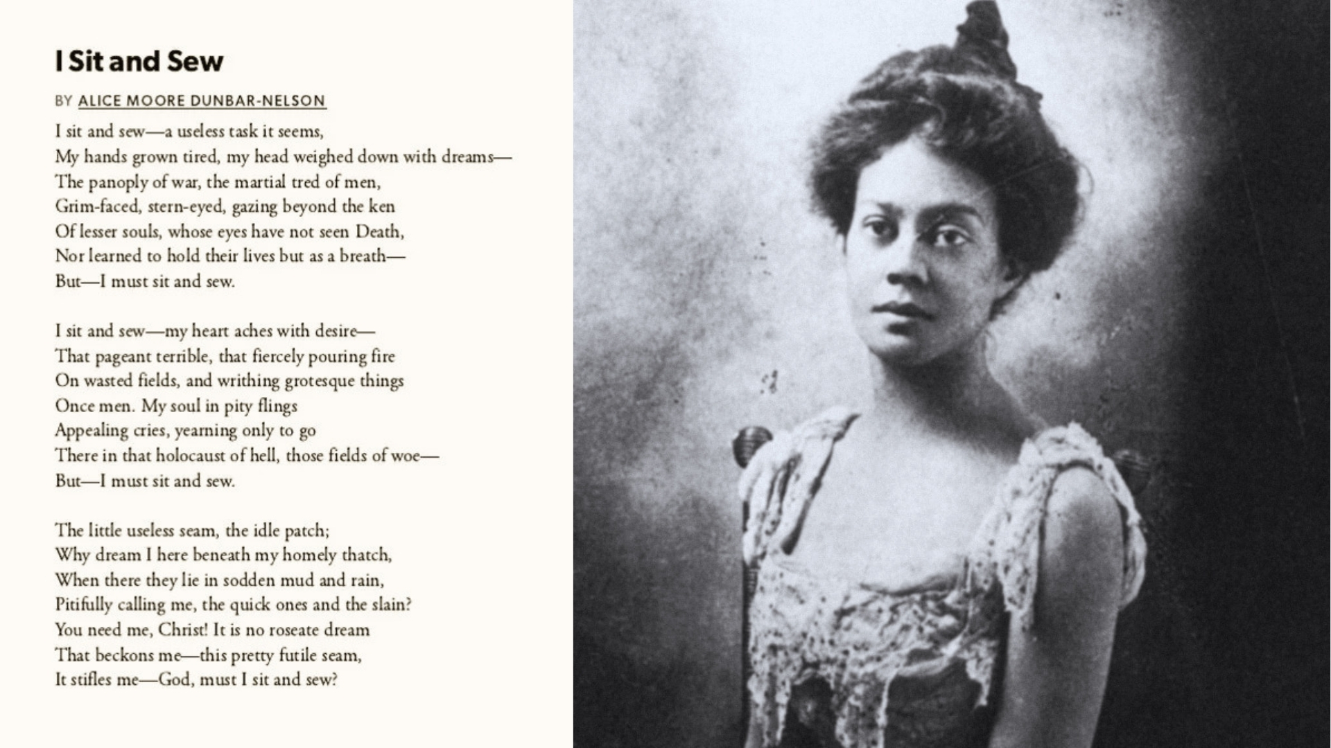 “I Sit and Sew” poem by Alice Moore Dunbar-Nelson next to black-and-white portrait of the poet in lace dress.