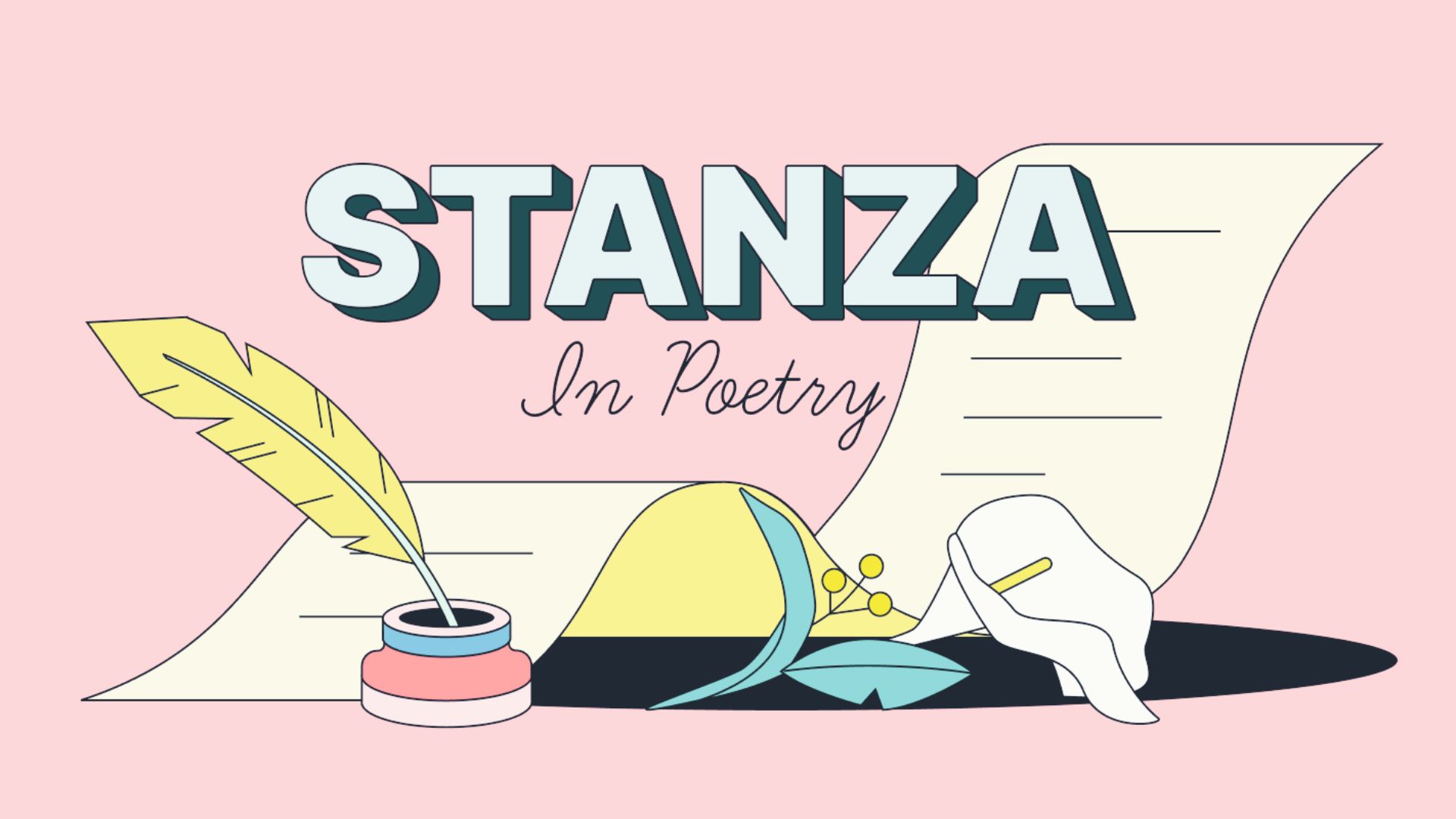 Pink slide introducing stanza as a grouped set of lines in a poem, with quill and inkpot art.
