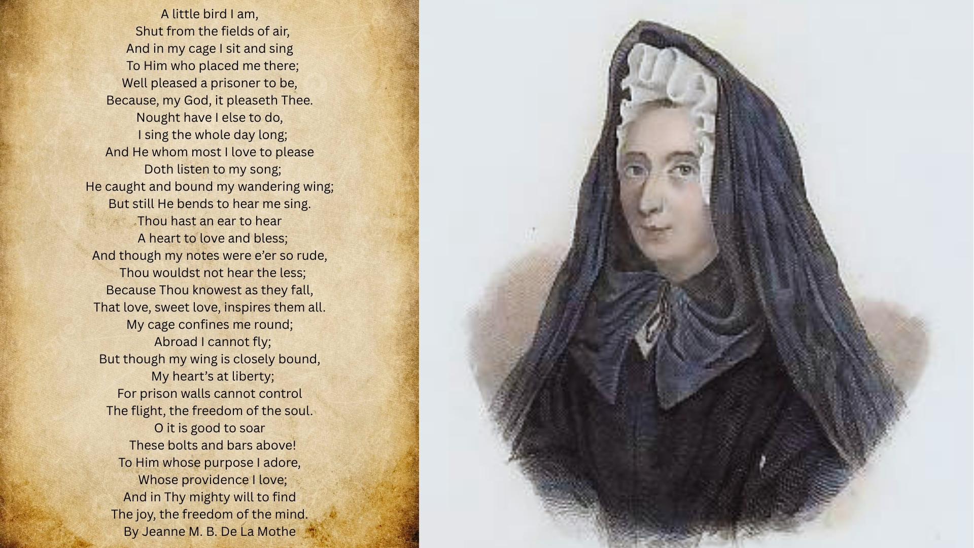 A Little Bird I Am” poem by Jeanne M. B. De La Mothe beside a colored portrait of Jeanne M. B. De La Mothe in a dark veil.