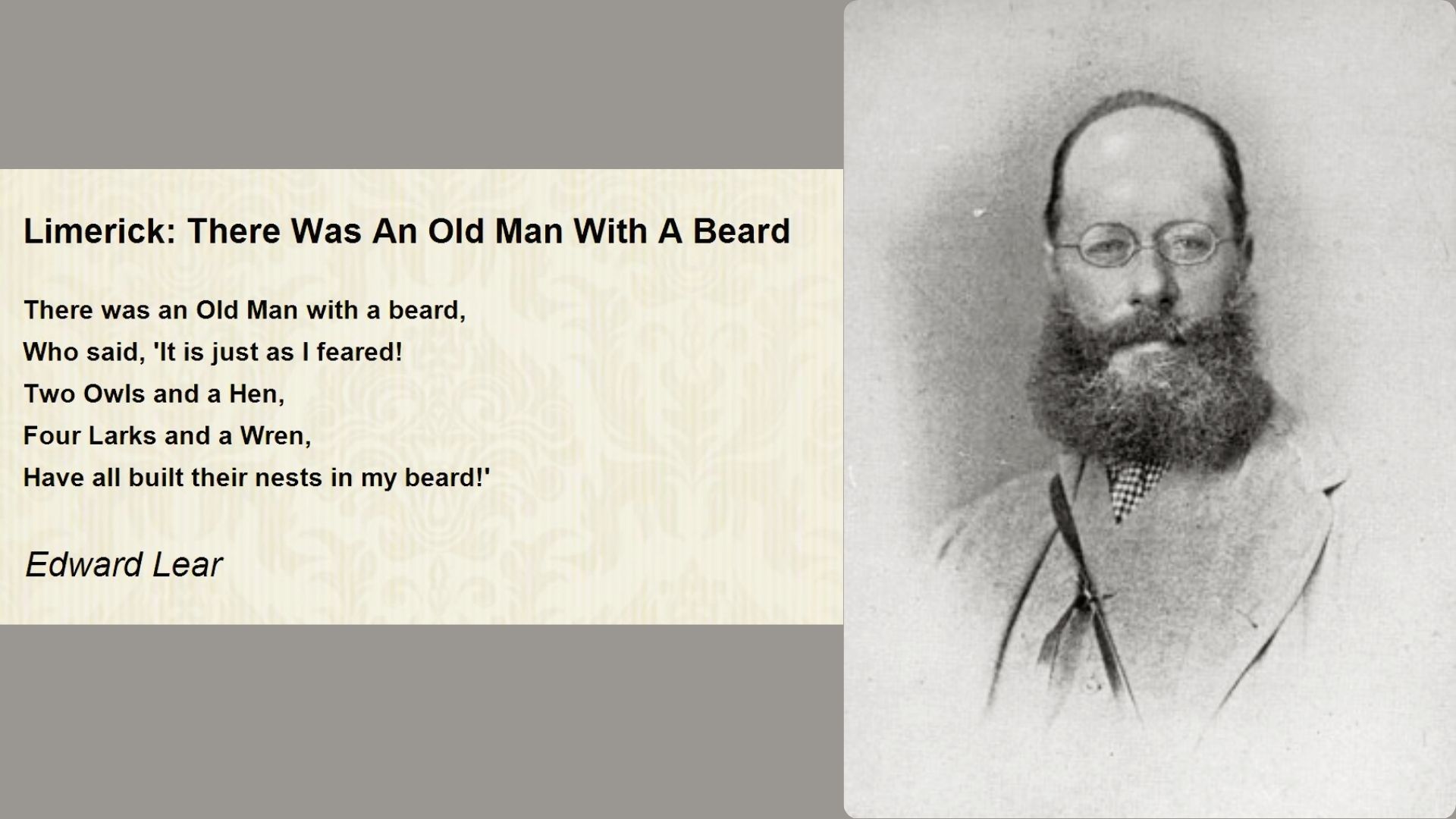 Edward Lear limerick "There Was An Old Man With A Beard" on aged paper next to Lear’s portrait.