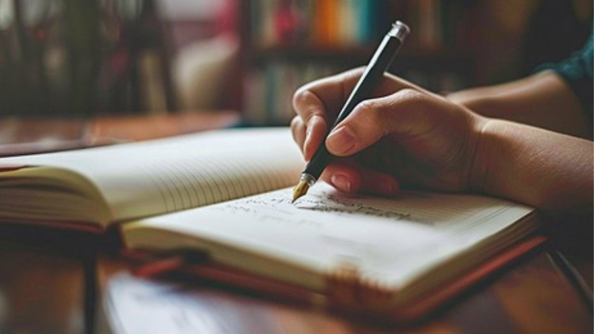 Close-up of hand writing in lined notebook with fountain pen in warm library setting with blurred bookshelves.