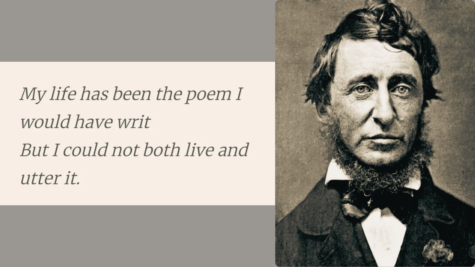 Split design with Thoreau’s poem in italic serif font on a cream panel at left, and a sepia portrait of him at right.