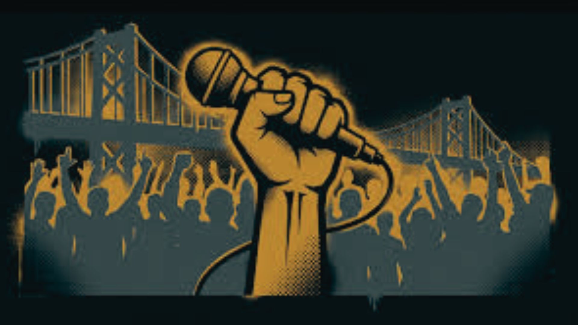 A poster of a hand holding mic with an audience in the background.