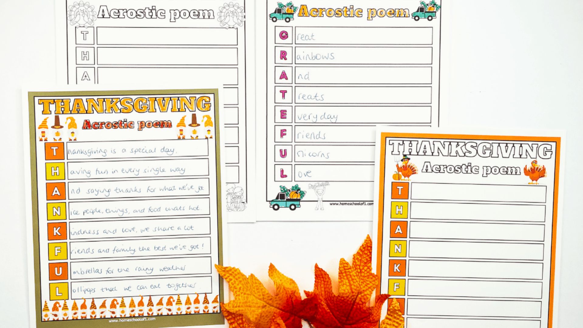 Four Thanksgiving acrostic poem worksheets for THANKFUL and GRATEFUL with handwritten examples, displayed with fall leaves and turkey and truck illustrations.