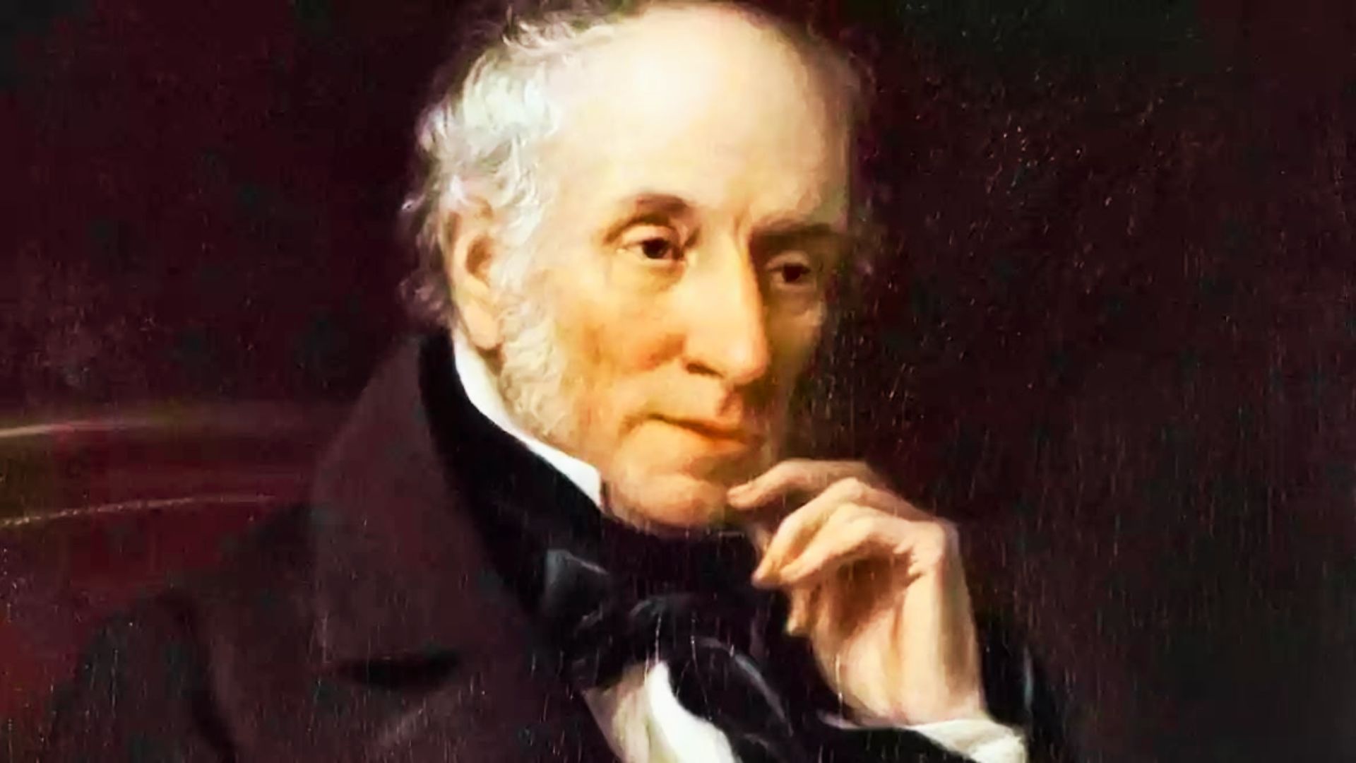 Portrait of an elderly William Wordsworth in formal 19th-century attire, with his hand resting thoughtfully near his chin.