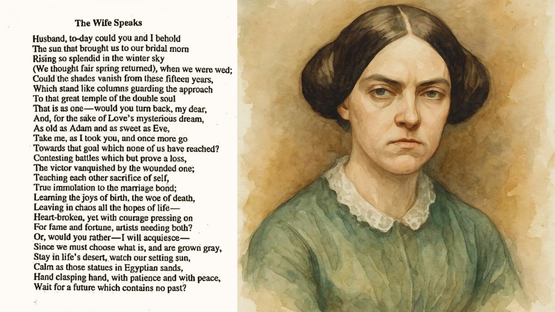 "The Wife Speaks" poem text on left next to the watercolor portrait of Elizabeth Drew Stoddard in a green dress with lace collar.
