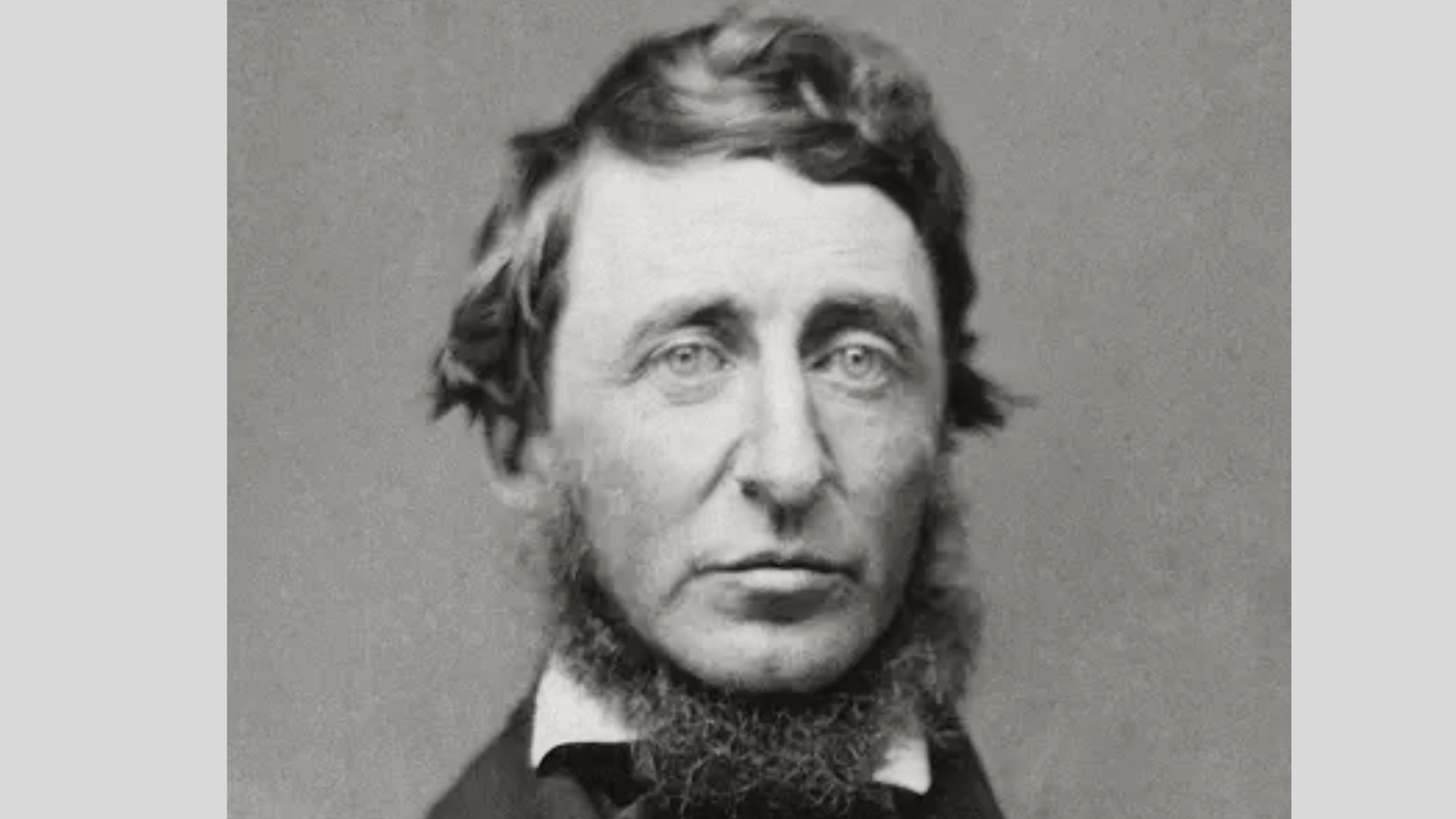 Black-and-white headshot of Henry David Thoreau with a serious gaze and full beard, centered against a plain backdrop.