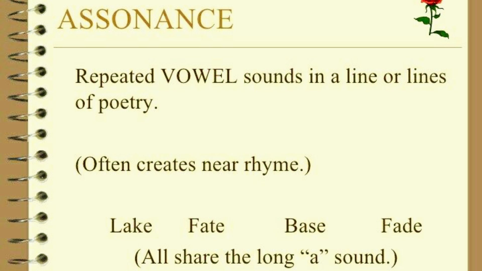 Slide defining assonance using lake, fate, base, fade as examples of repeated vowel sounds.