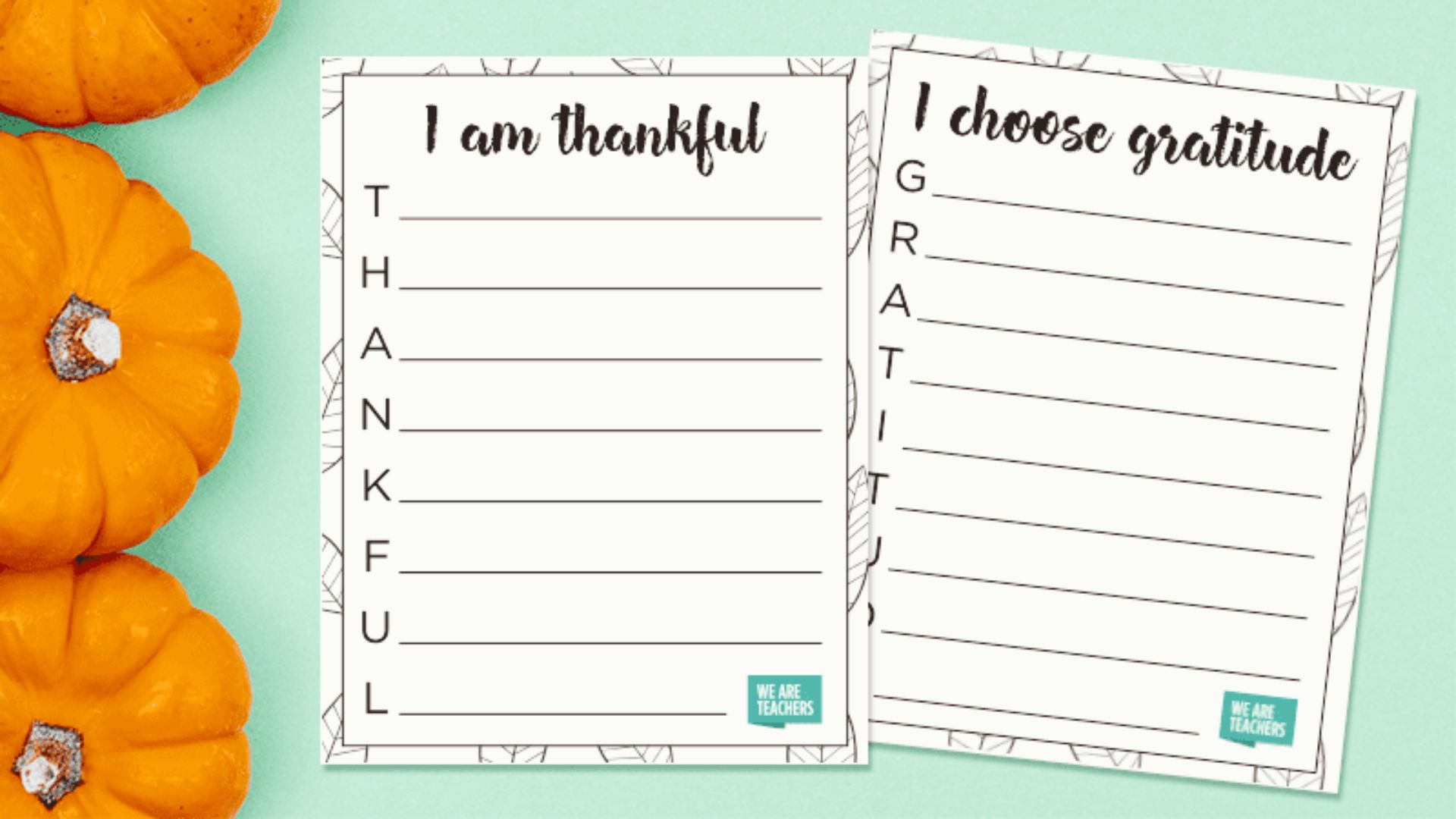 Printable Thanksgiving scavenger hunt activity sheets with fall-themed clues, pumpkins, and turkeys on yellow background.