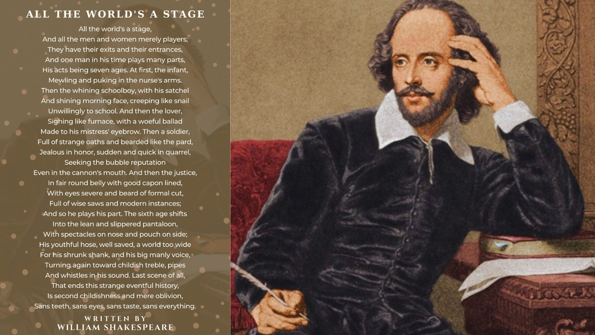 All the World’s a Stage” monologue from Shakespeare’s As You Like It with a portrait of William Shakespeare in black doublet.