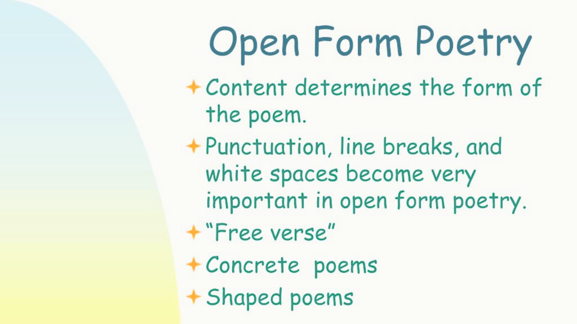 Slide explaining open form poetry where content shapes form using space and punctuation.