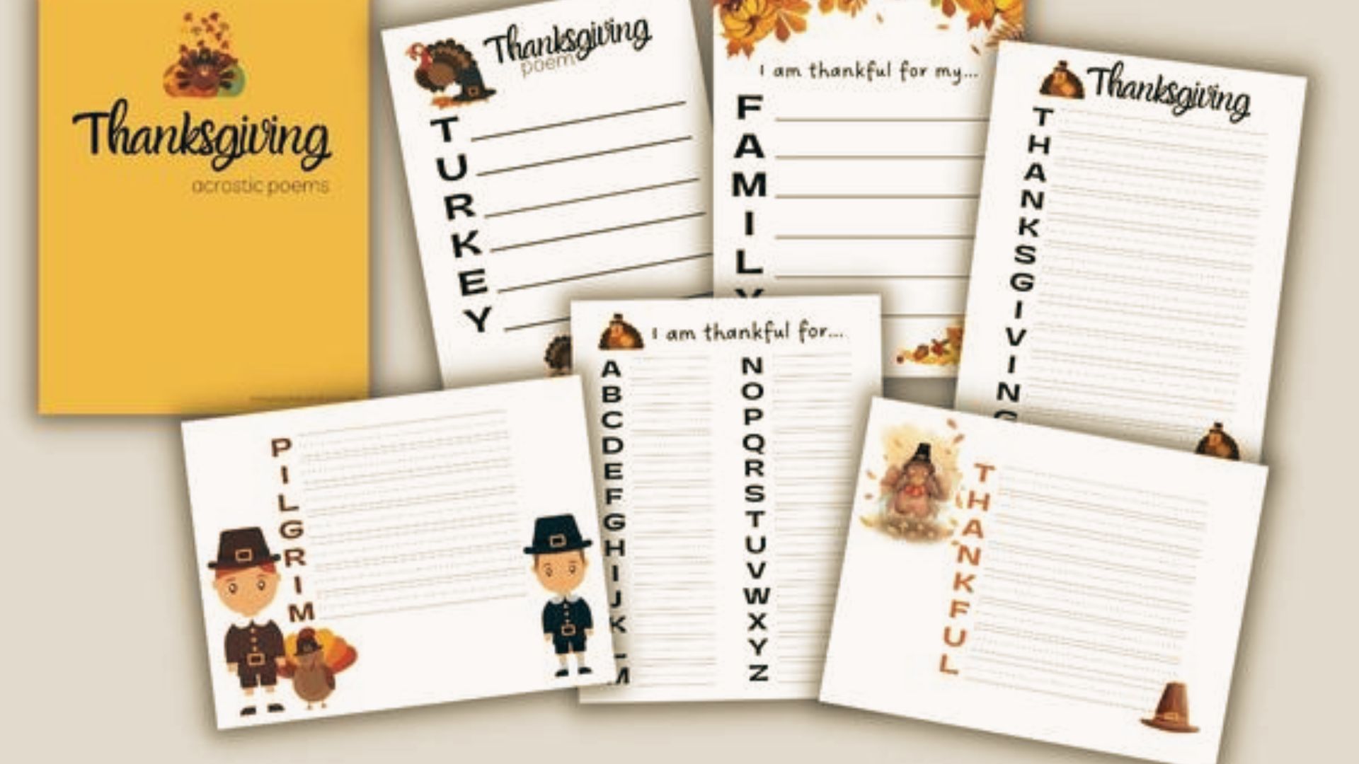 Thanksgiving acrostic poem worksheets for Family , Thanksgiving and Thankful with cartoon and pilgrim illustrations.