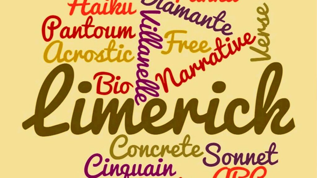 Word cloud on a pale yellow background with "Limerick" in large brown script