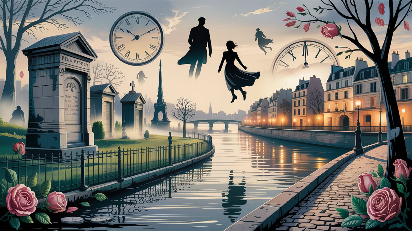 A dreamy Paris-inspired scene blending a misty cemetery, the Seine at dusk, and fading city streets, symbolizing memory, loss, and the passage of time.