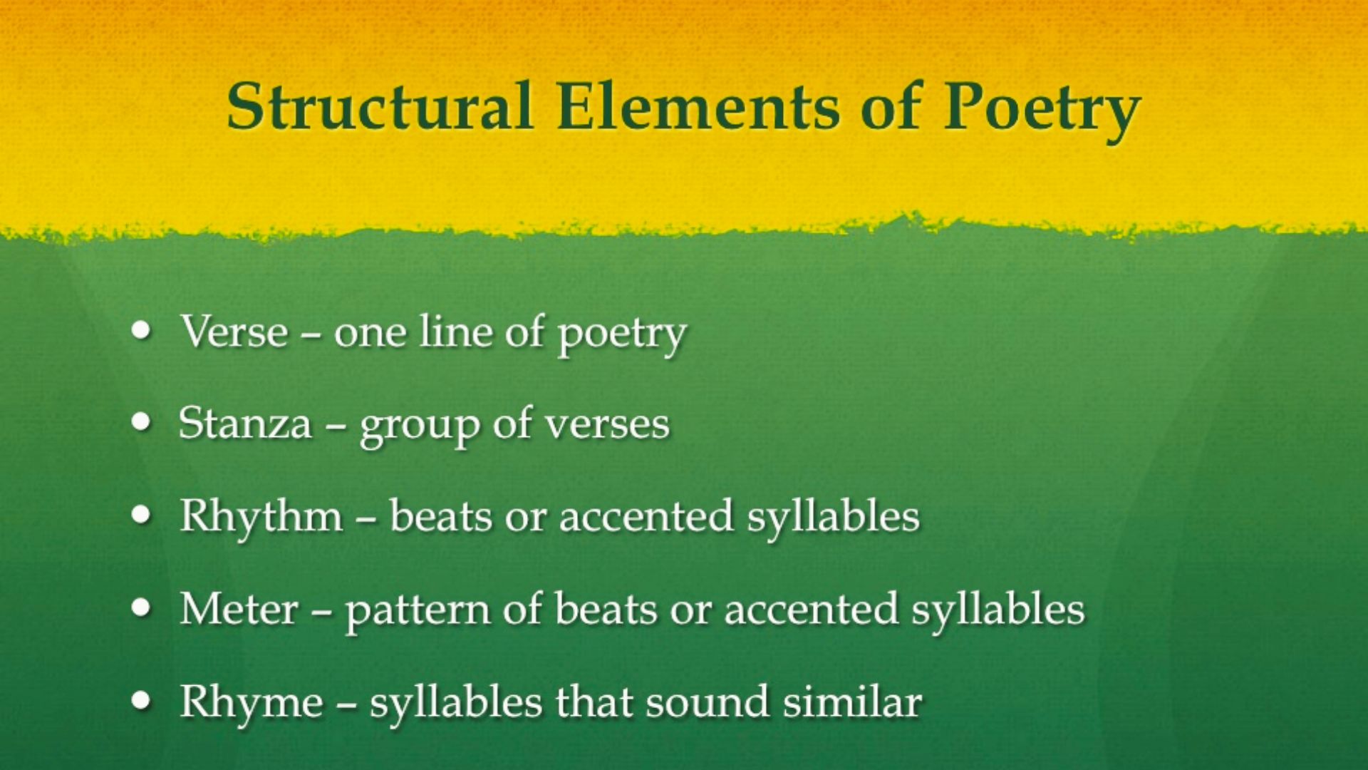 Slide listing verse, stanza, rhythm, meter, and rhyme as structural elements of poetry.