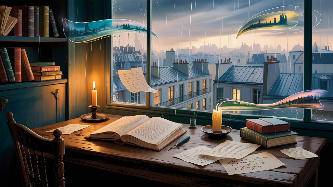 A rainy Paris study scene with an open book, candlelight, and poetic atmosphere, symbolizing reflection and understanding of French death poetry.