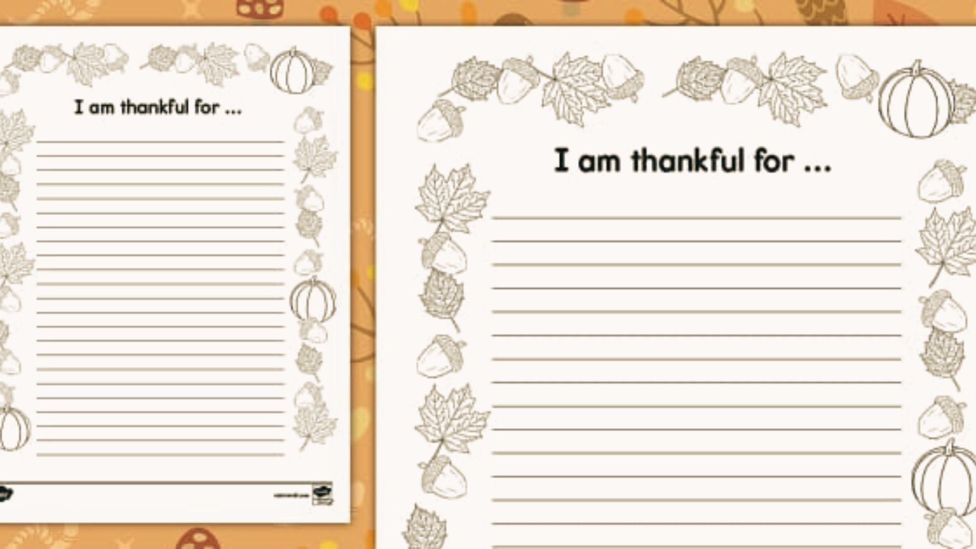 Two I am thankful for gratitude journal templates with blank lines bordered by line art of pumpkins, acorns, and maple leaves.