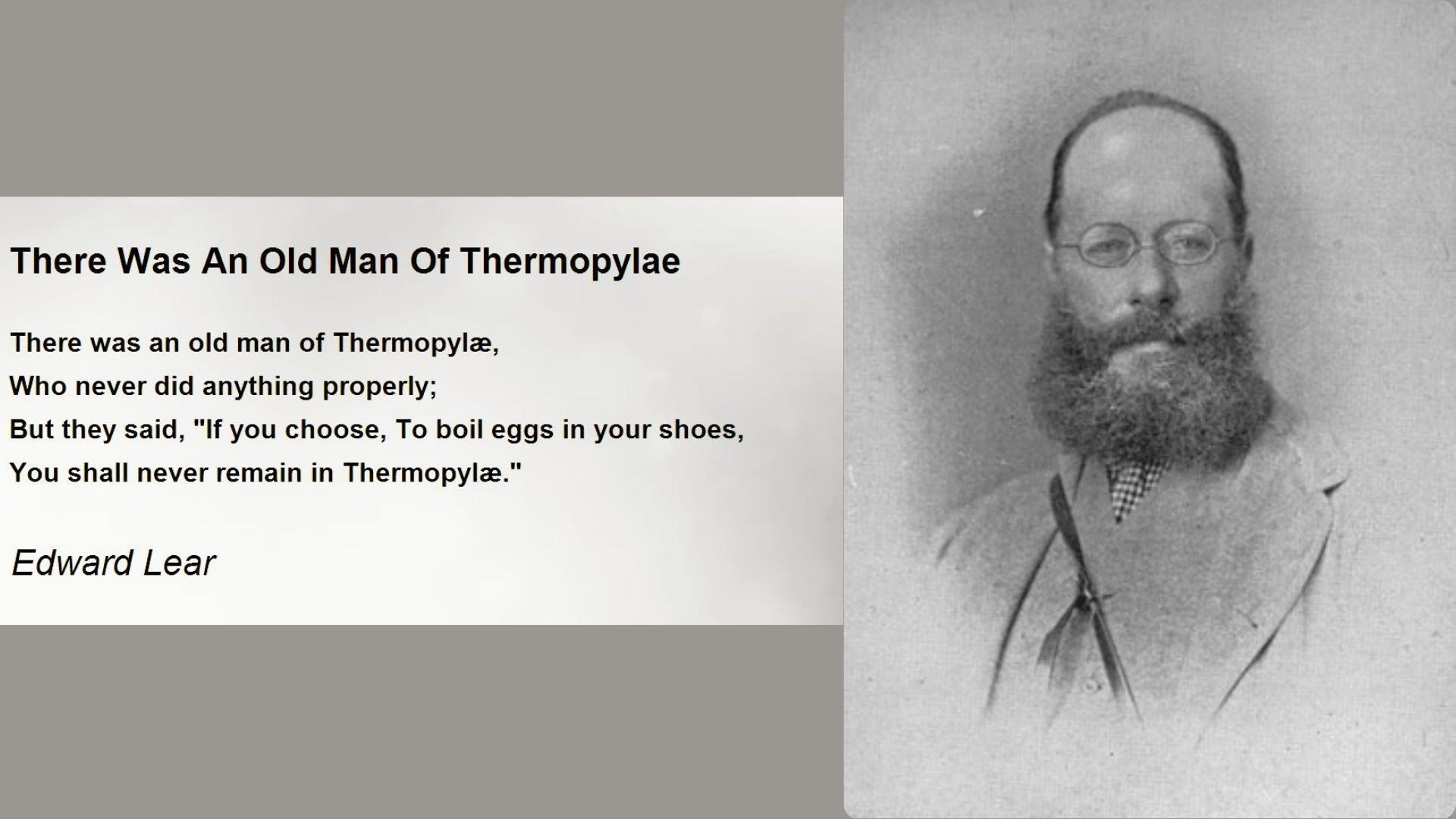 Split layout: Edward Lear’s limerick "There Was An Old Man Of Thermopylae" on left, vintage portrait of Lear on right.