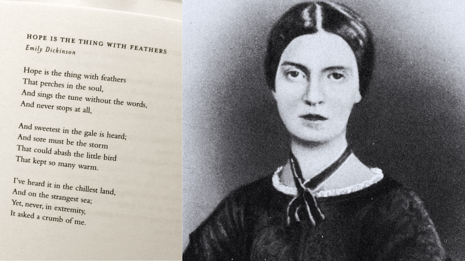 "Hope is the thing with feathers" poem by Emily Dickinson with text on left and black-and-white portrait on right.