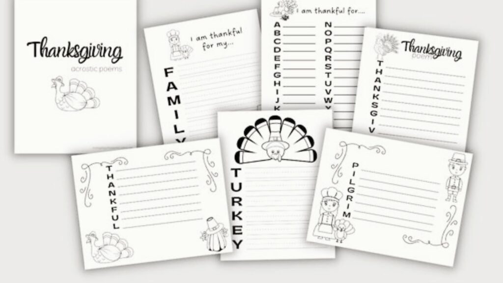 Black and white I am thankful and I choose gratitude acrostic worksheets.